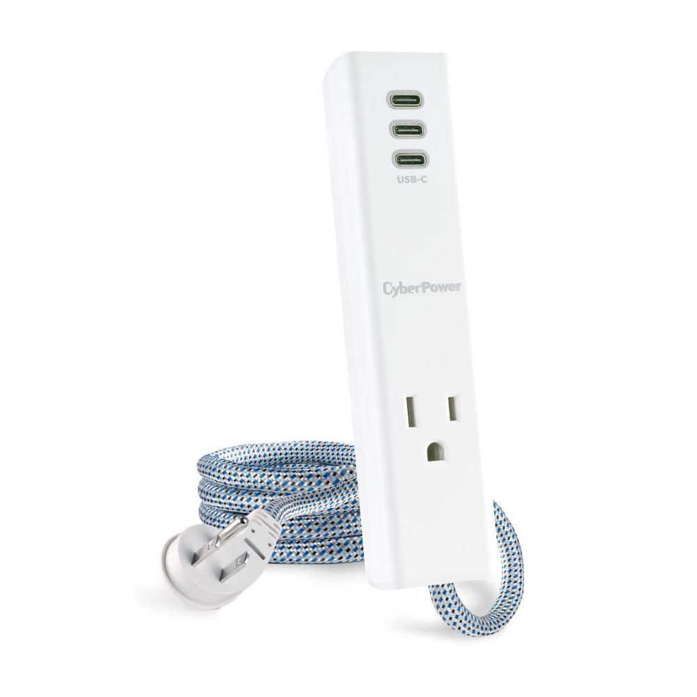 CyberPower 1-Outlet Surge Protector with 3 USB-C Ports, 4 ft. Braided Cord, 350-Joule, White (3)