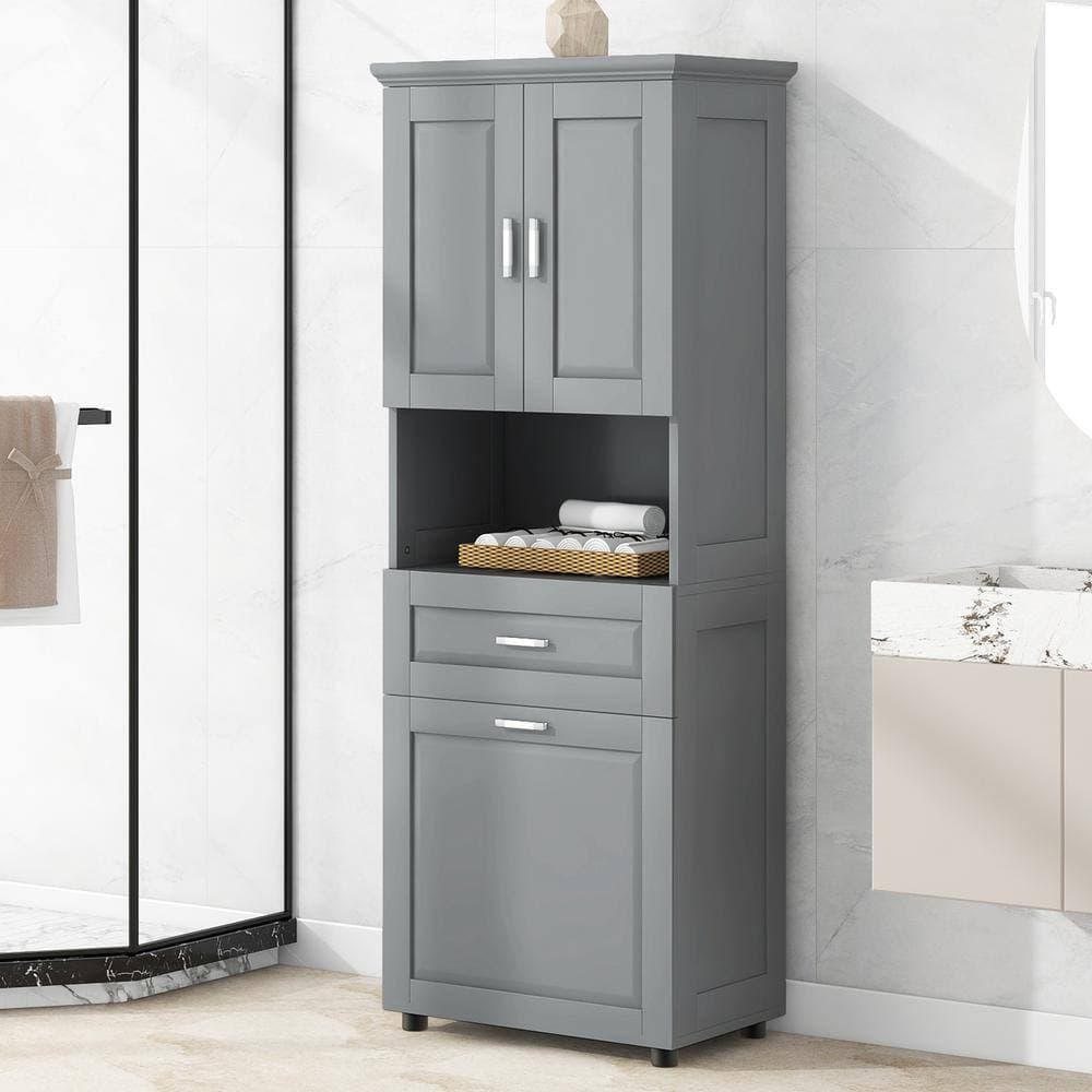 YSQCAR 25 in. W x 16.3 in. D x 70 in. H Gray MDF Freestanding Linen Cabinet with Door and Drawers, Shelf (3)