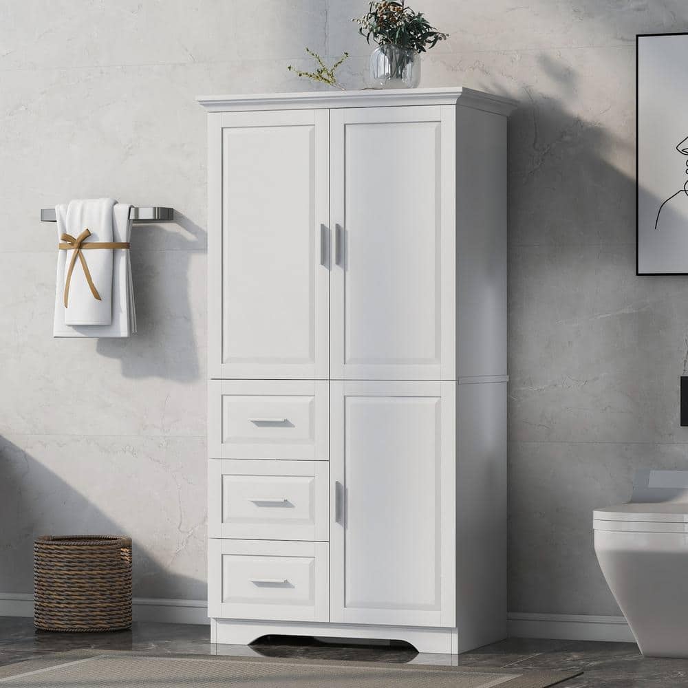 JimsMaison 33 in. W x 20 in. D x 62 in. H White MDF Freestanding Linen Cabinet with Drawers