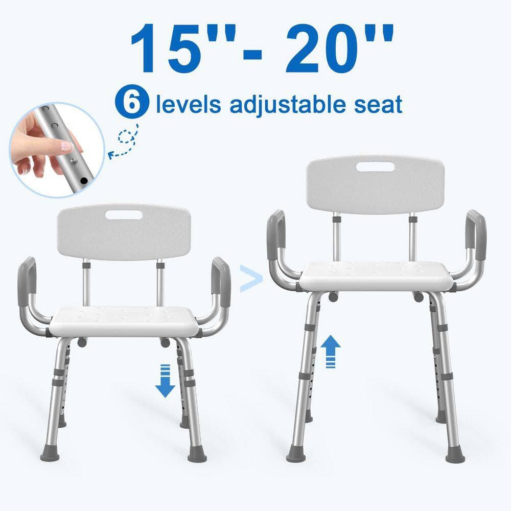 Wudkey Aluminum Heavy Duty Shower Chair with Arms and Back, Adjustable White Safety Bath Seat for Elderly Adults Disabled (3)