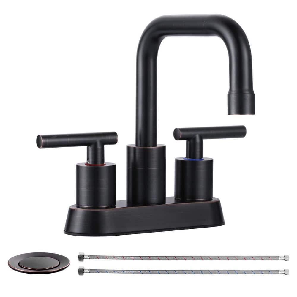 WOWOW 4 in. Centerset Double Handle High Arc Bathroom Faucet with Drain Kit Included in Oil Rubbed Bronze (1)