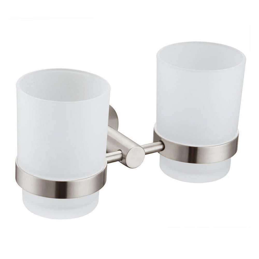 Wudkey Double Toothbrush Holder, SUS 304 Stainless Steel, Wall Mounted Glass Tumbler Holder, Frosted Glass Cup, Brushed Nickel