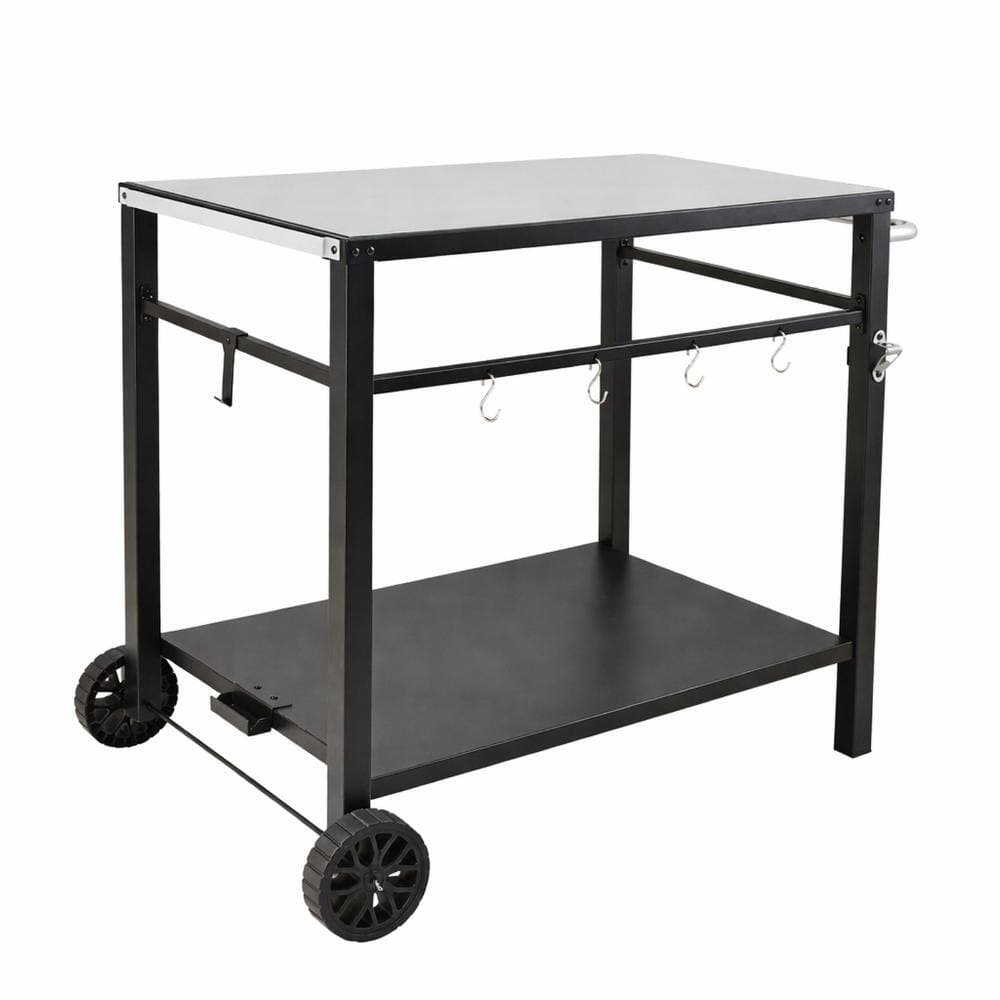 Volenca Outdoor Grill Dining Cart, Double Shelf BBQ Prep Table, Iron Top, 2 Wheels, Carry Handle, For Pizza Oven (3)