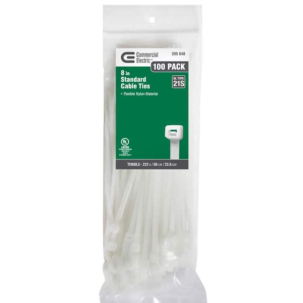 Commercial Electric 8in Standard 50lb Tensile Strength UL 21S Rated Cable Zip Ties 100 Pack Natural (White) (2)