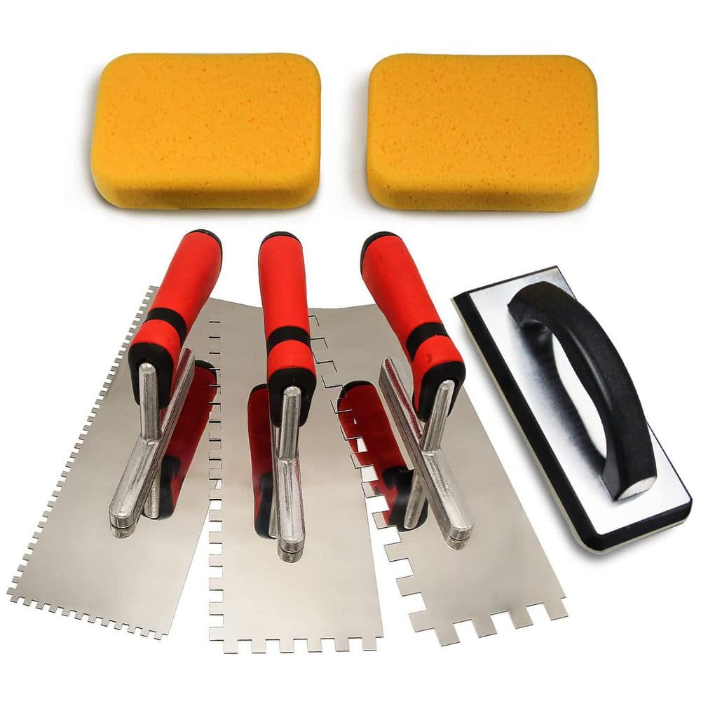 Laybus 11 in. x 7 in. Stainless Steel Square Notch Trowel Set with Rubber Grout Float and Grout Sponge for Tiling Grouting