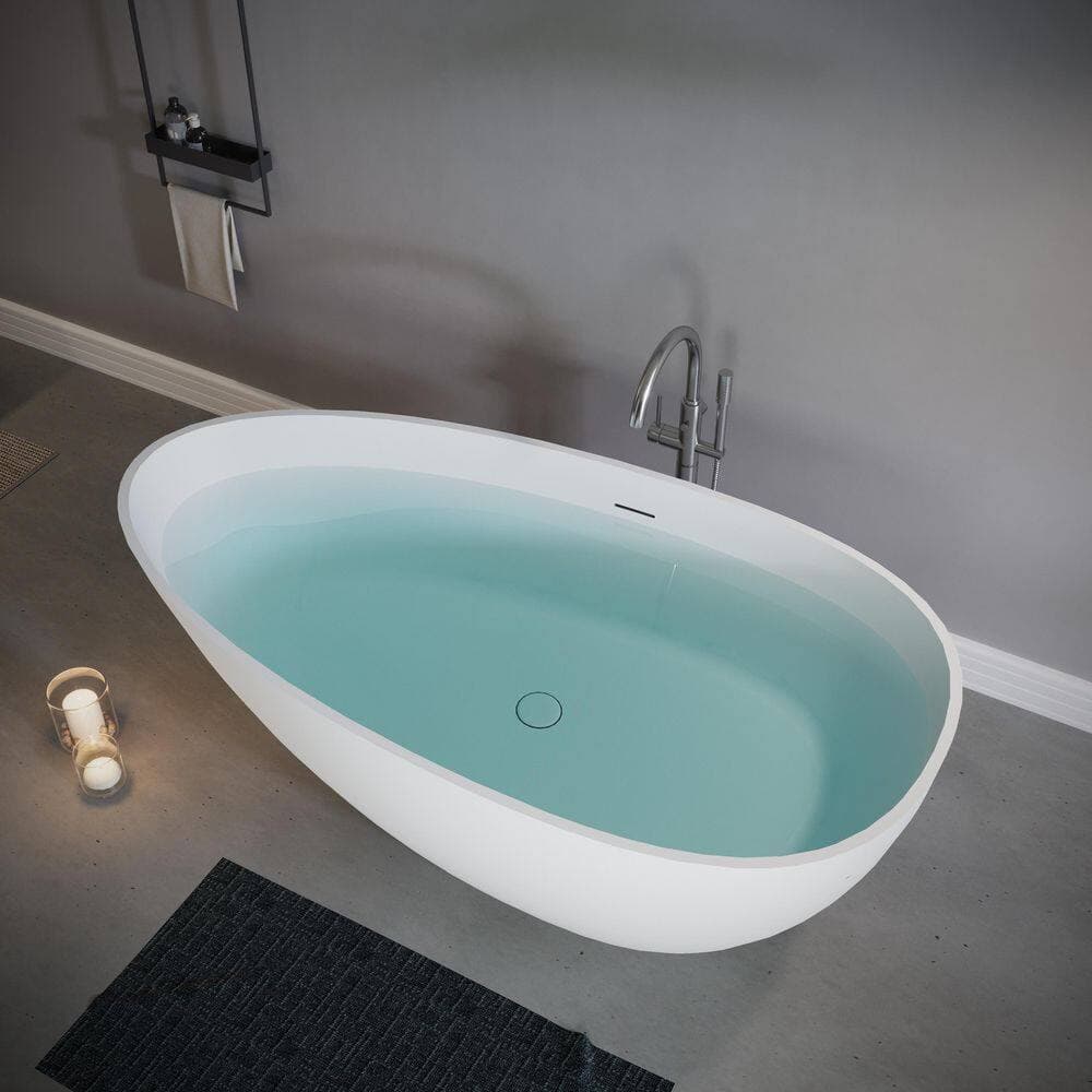 LIVACA 59.06 in. x 30.71 in. Soaking Freestanding Bathtub with Center Drain in Matte White Solid Surface Material for Modern (3)