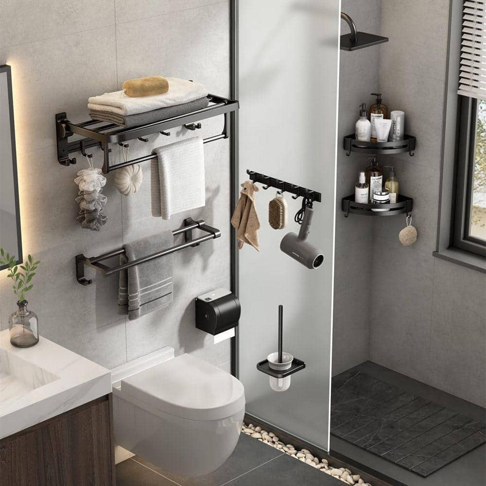 Dracelo 24 in. Wall-Mounted Aluminum Towel Rack with Towel Bar Holder Foldable Towel Shelf and Movable Hooks in Matte Black (2)