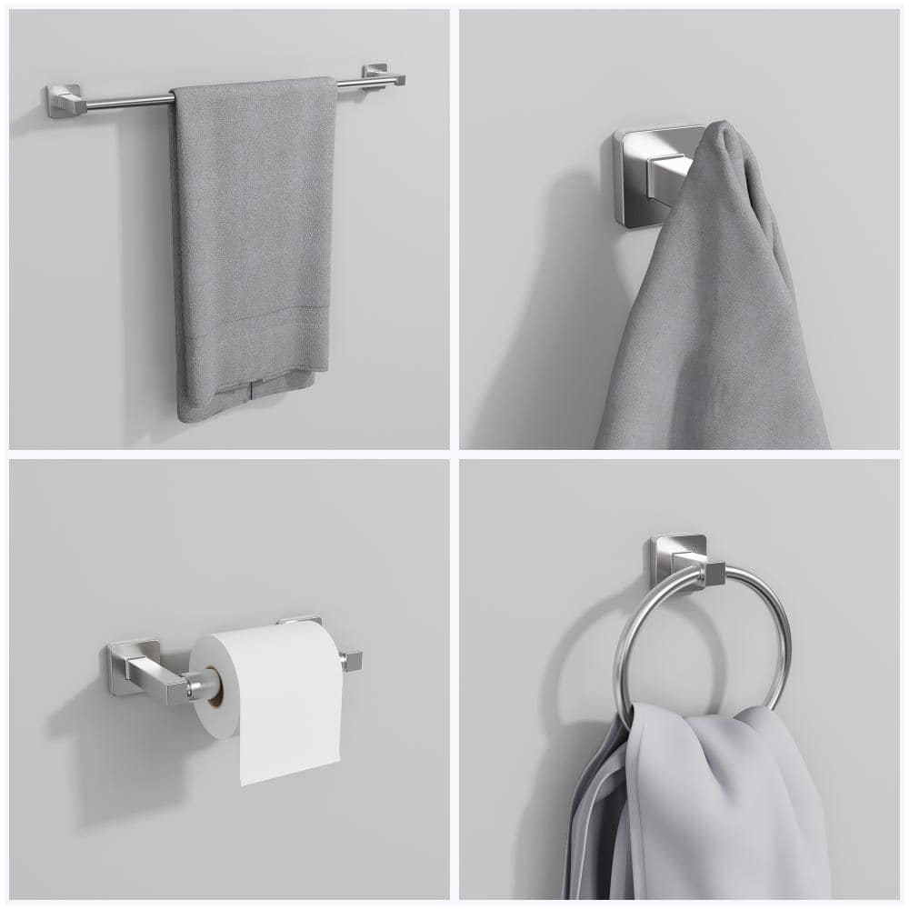 Sotion Bathroom Hardware Set in Brushed Nickel, 4-Piece Rectangular Bath Accessories with Towel Rack Bar, Ring, Holder, Hook (2)