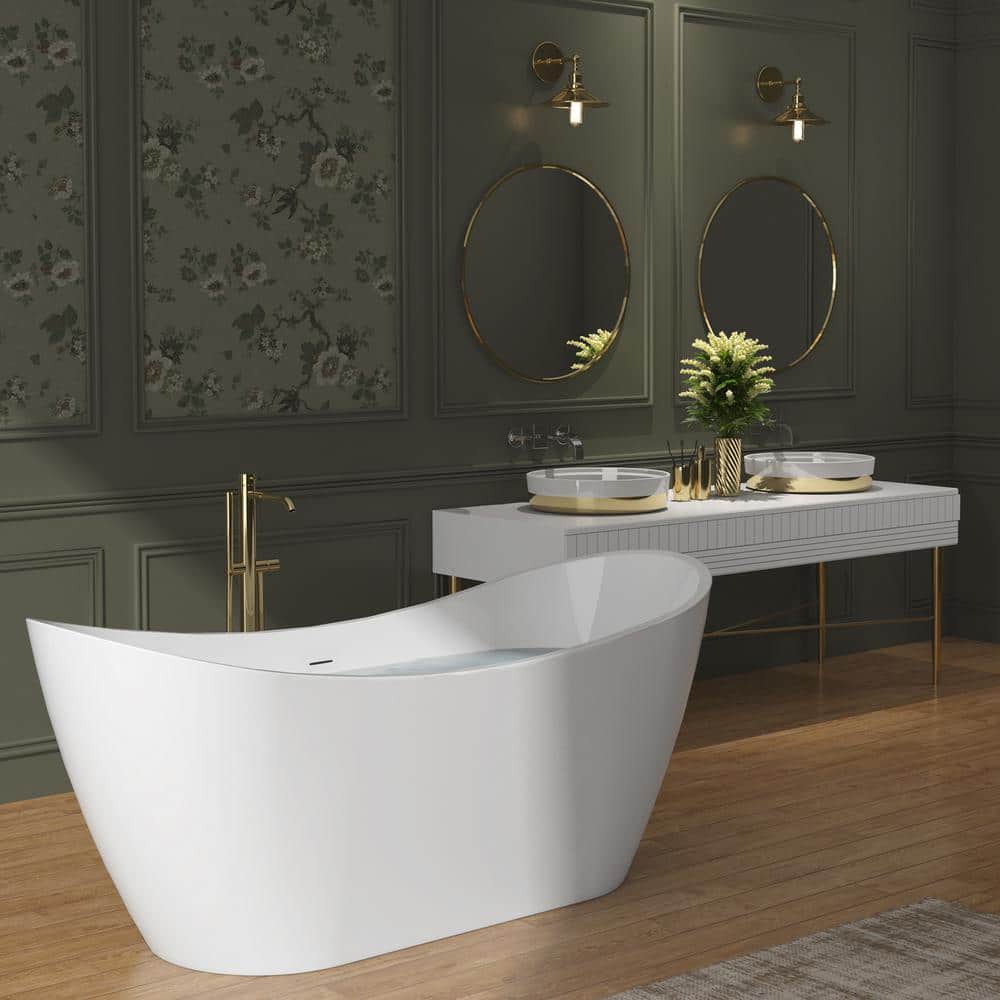 AKDY 59 in. Acrylic Center Drain Oval Double Slipper Flatbottom Freestanding Bathtub in Glossy White (3)