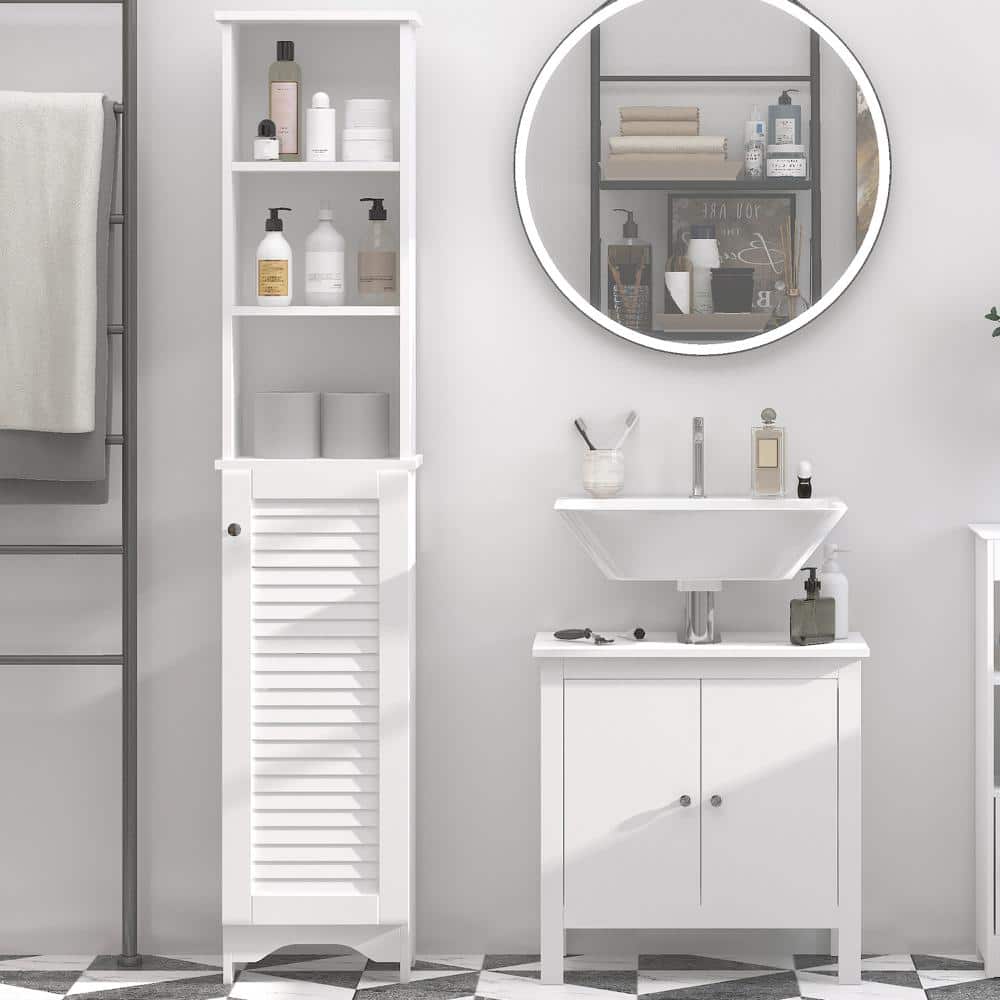 Tileon 65" Tall White Wood Bathroom Storage Cabinet, Freestanding Slim Linen Tower with 1 Door & 3 Adjustable Open Shelves (2)