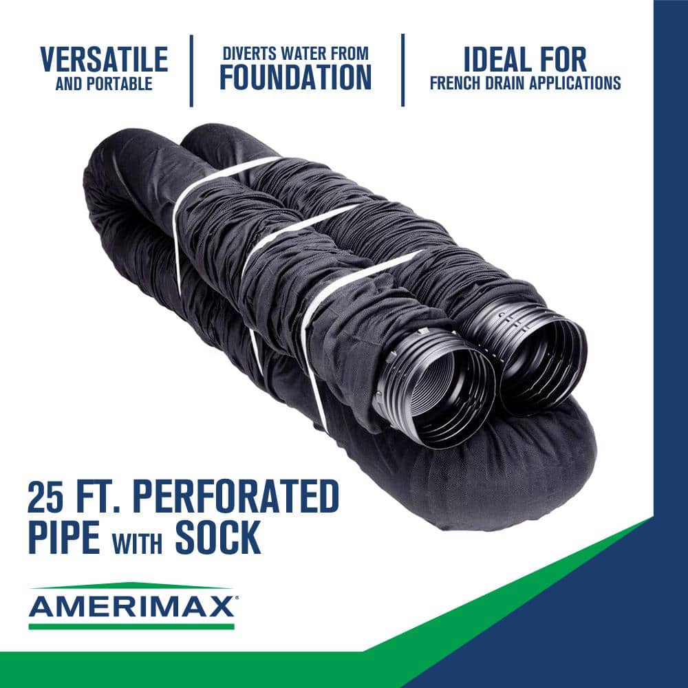 Amerimax Home Products FLEX Drain 4 in. Black Copolymer Perforated Drain Pipe with Sock (2)