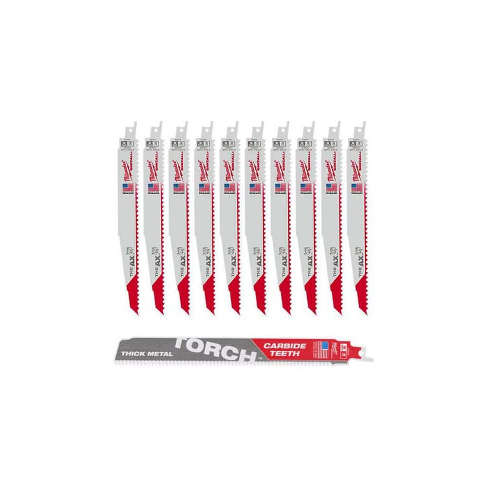 Milwaukee 9 in. 5 TPI AX Nail-Embedded Wood Cutting SAWZALL Reciprocating Saw Blades (10-Pack) & 9 in. 8 TPI TORCH Carbide Blade