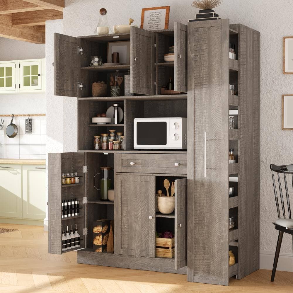 XUJMK 53 in. W x 18 in. D x 70 in. H Brown Linen Cabinet, Buffet with Hutch Pantry Storage Cabinet Cupboard with Pull-Out Side (3)