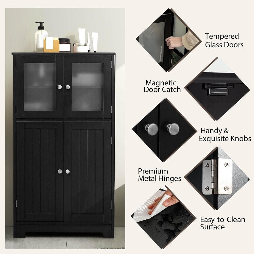 HONGGE Bathroom Floor Cabinet with Tempered Glass Doors 5-Tier Storage 3-Position Shelf Anti-Toppling Hardware (3)