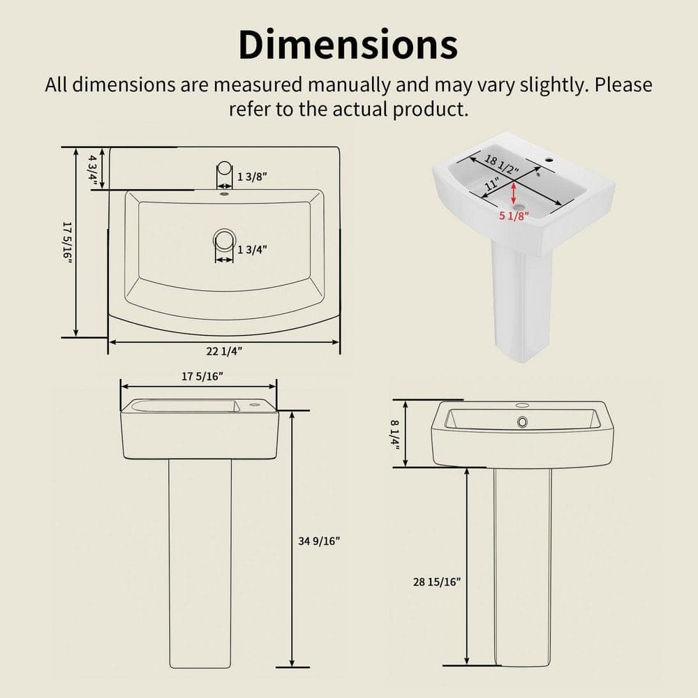 DEERVALLEY 22 in. x 17 in. White Vitreous China Rectangular Pedestal Bathroom Sink with 4 in. Centerset Faucet Holes and Overflow (3)