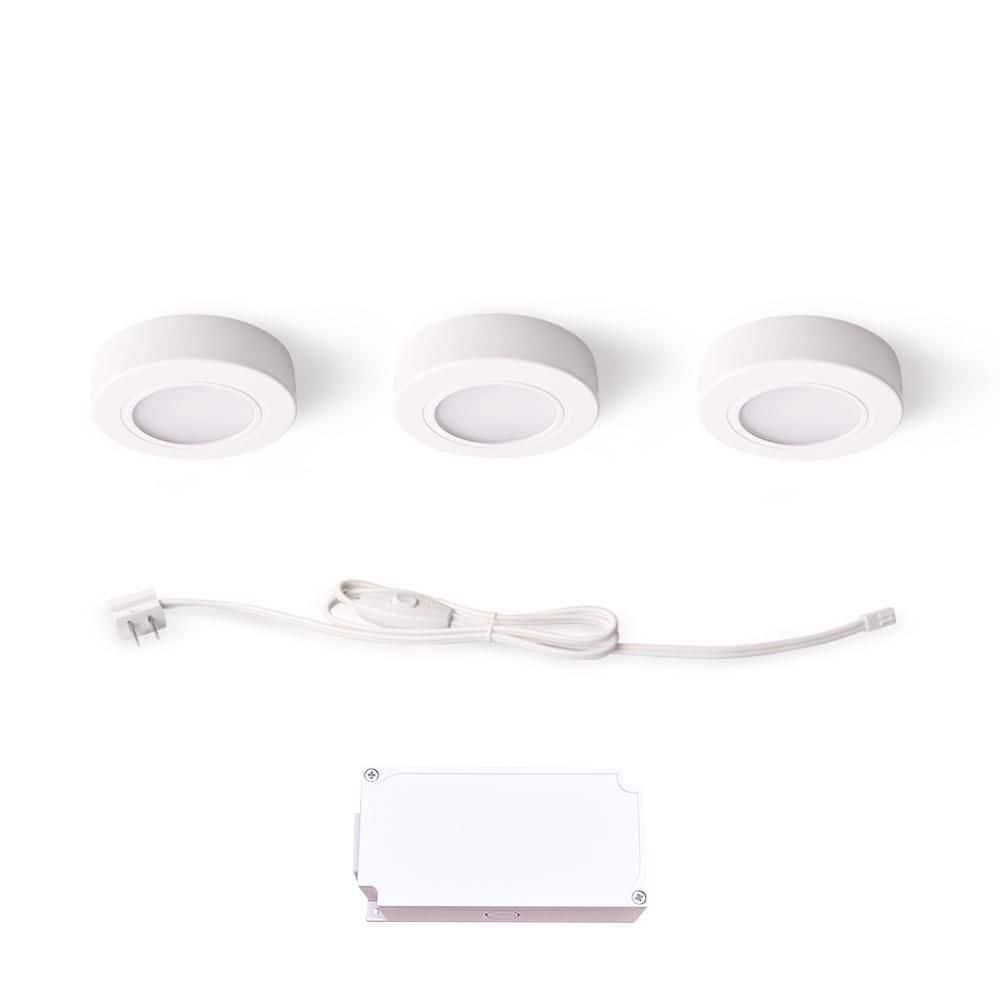 PRIVATE BRAND UNBRANDED Plug-In 3-Light White Dimmable Integrated LED Under Cabinet Puck Light with J-box (2)