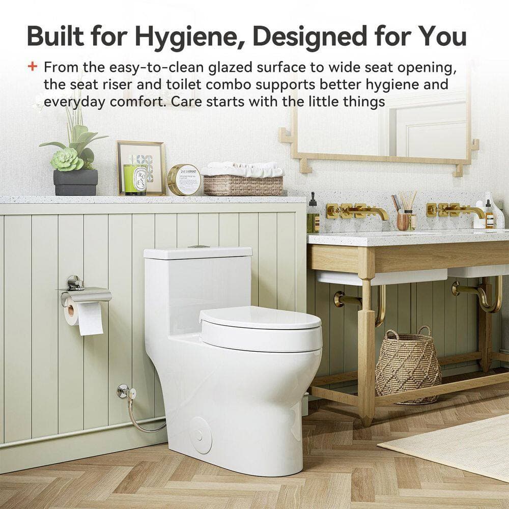 HOROW 1-Piece 0.8/1.28 GPF Dual Flush WaterSense Elongated Toilet in White with Lockable Toilet Seat Riser, Seat Included (3)