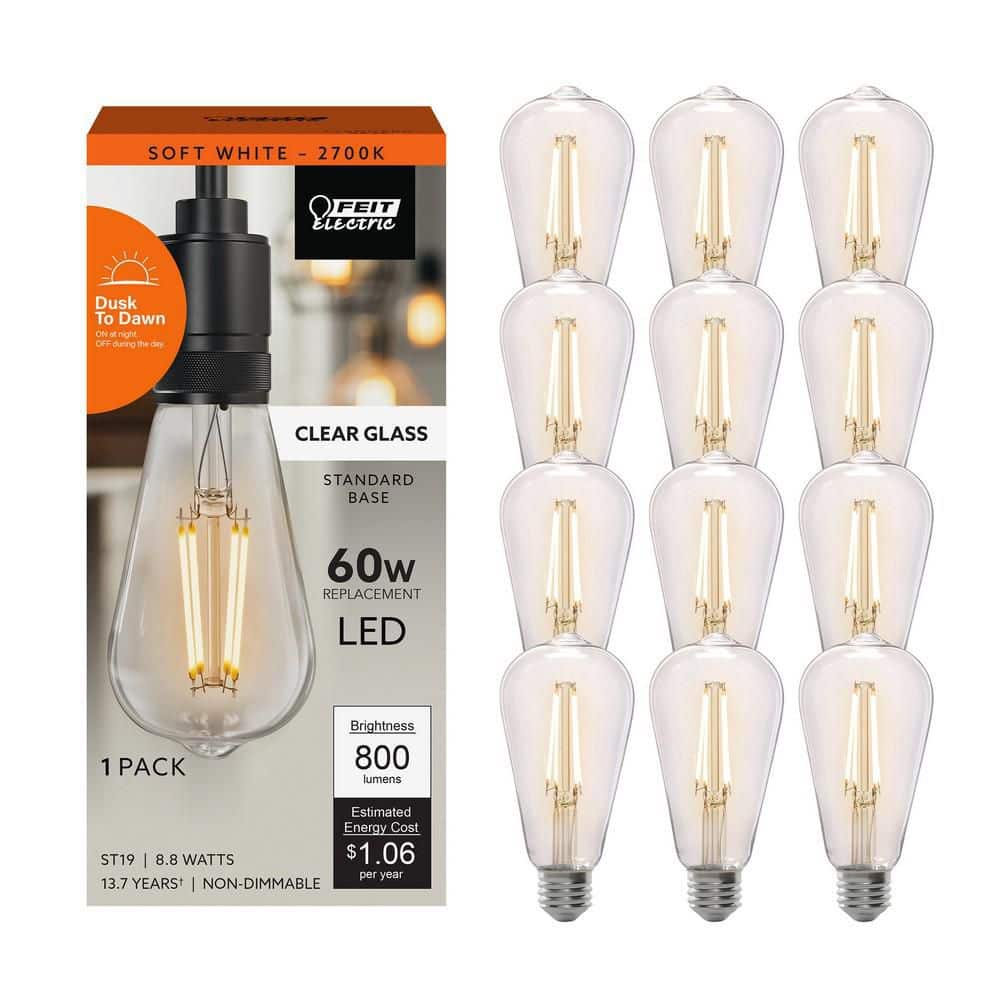 Feit Electric 60-Watt Equivalent ST19 Straight Filament Dusk to Dawn Clear Glass E26 Vintage Edison LED Light Bulb Soft White(12-Pack)