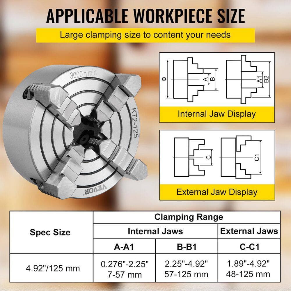 VEVOR K72 125 Lathe Chuck 5in. 4 Jaw Independent Chuck Reversible Jaws Cast Iron 0.276-2.244in. Internal 1.89-4.92in. External (3)