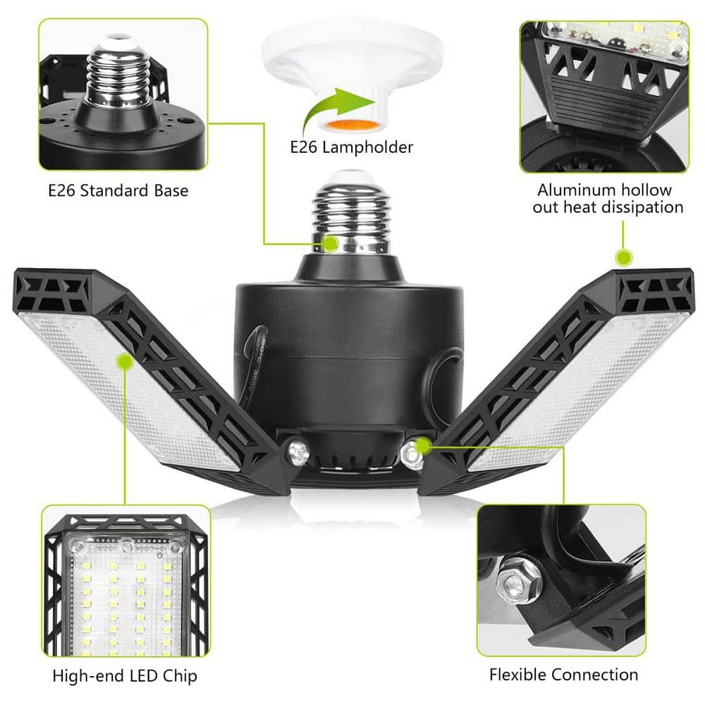 BeamBox 120V 8000 Lumen E26 Integrated LED Garage Light 4-Pack Deformable Ceiling Lights with Adjustable Panels for Basement (3)