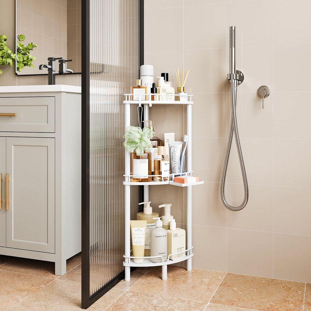 Unbranded 9.6in L 31.5in H Stainless Steel Freestanding Shower Shelf in White Rustproof 3 Tier Organizer with Soap Holder Hooks (2)
