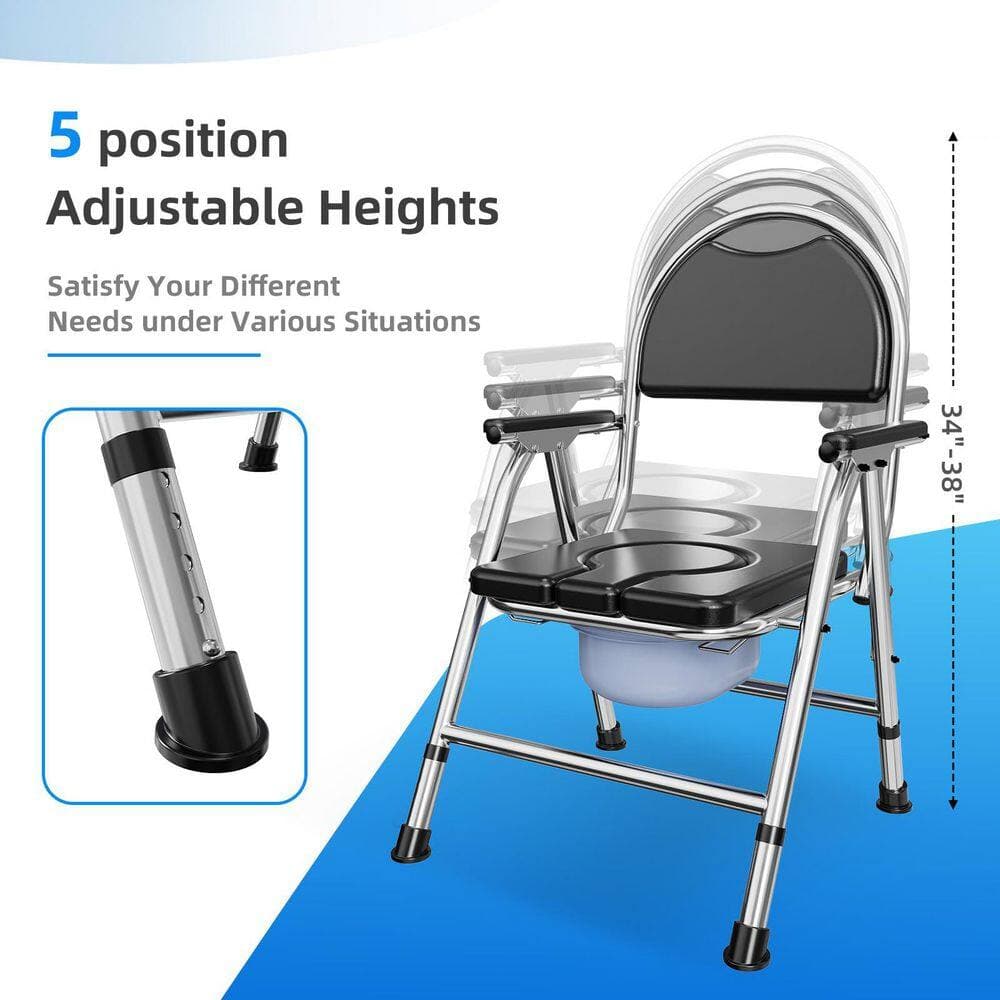 Wudkey 21 in. x 39 in. Folding Bedside Commode Chair, Adjustable Height Raised Toilet Seat with Arms And Back, PU Soft Seat (3)