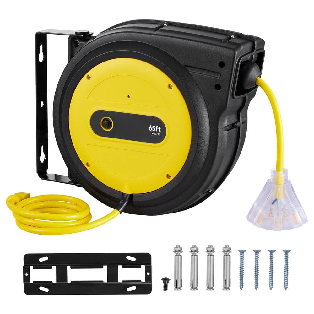SVOPES Retractable Extension Cord Reel, 65 ft., 12Gauge / 3 Conductors, 15 Amps Extension Cord Reel with 3-Outlets (1)