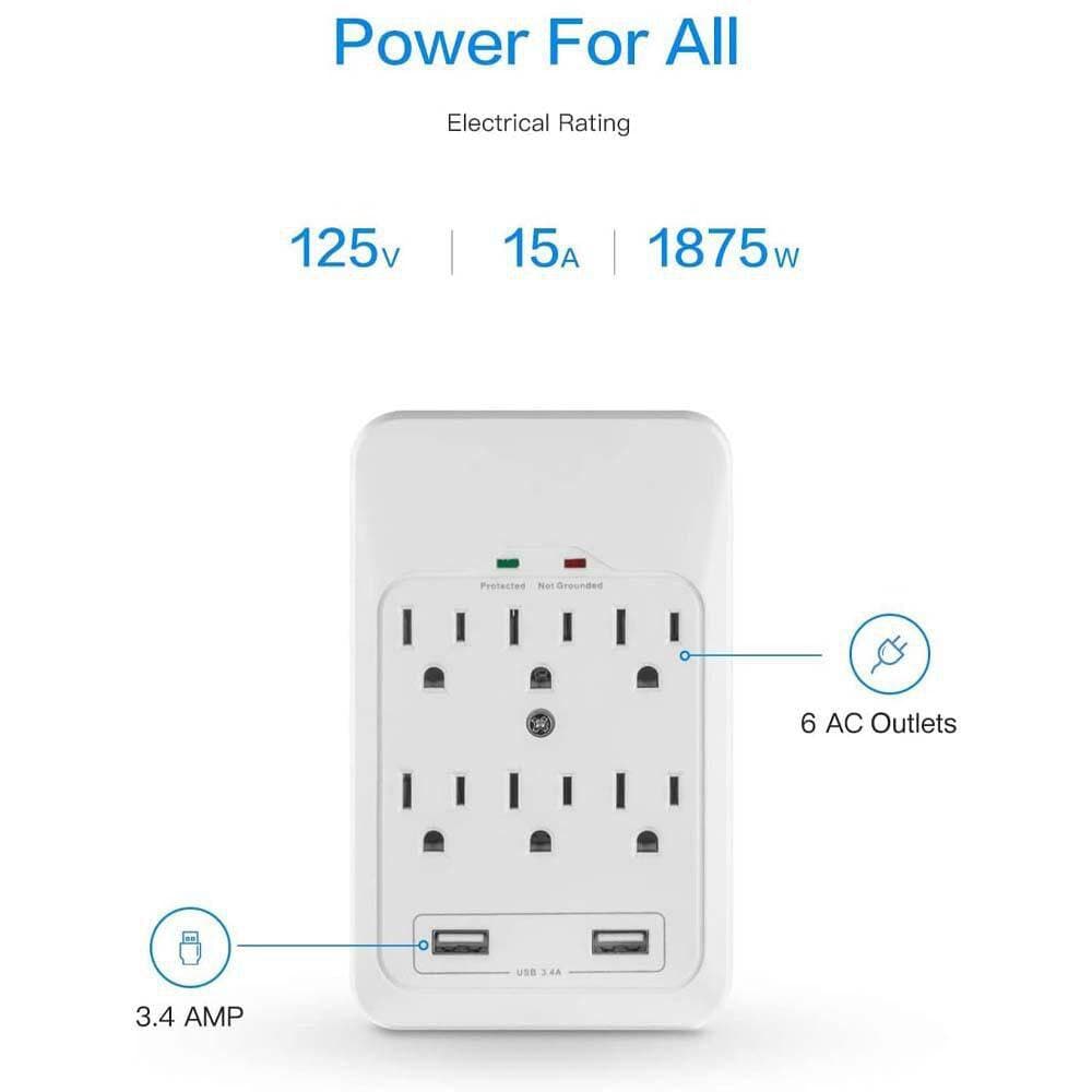 Yichuhaoxi 6-Outlet Surge Protector with 2 USB Ports 3. 4A 980 Joules LED Indicator White 2 Pack (3)
