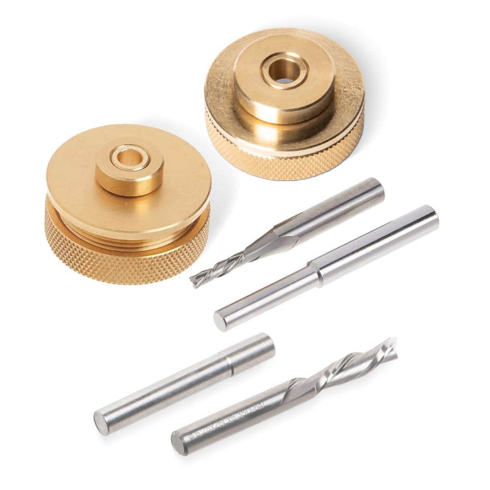 ‎POWERTEC 1/4 in. and 1/8 in. Down Cut Spiral Router Bits, 1/4 in. Shank with Router Bushing, Collar and Alignment Pin (6-Piece)