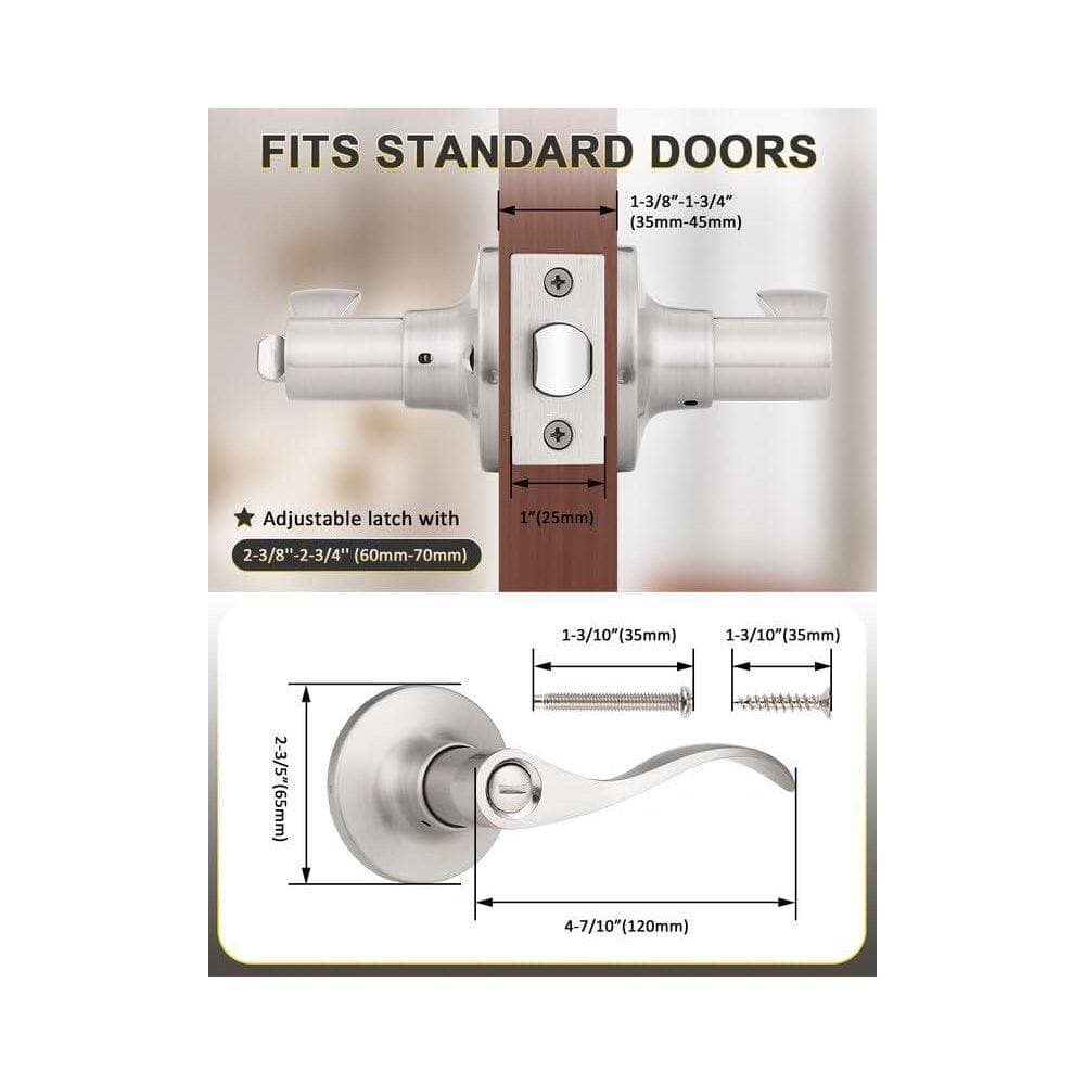 Wudkey 5-Piece Privacy Door Lever in Satin Nickel, Modern Interior Door Knobs Locks, Included Reversible Wave Lever Handle (3)