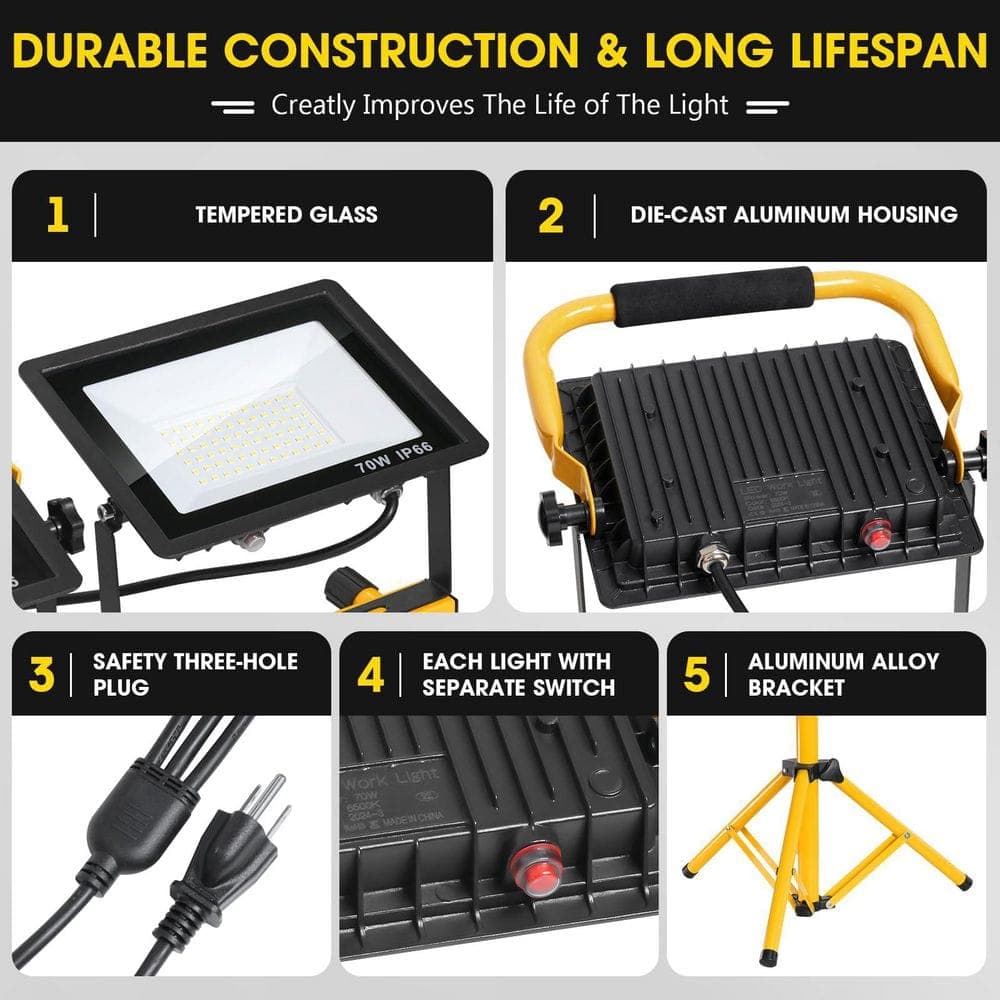 BIBIVIS 21000 Lumen 110V LED Work Lights, 3 Head Portable Work Light with 16 ft. Cord, IP66 Waterproof Tripod Worklights (3)