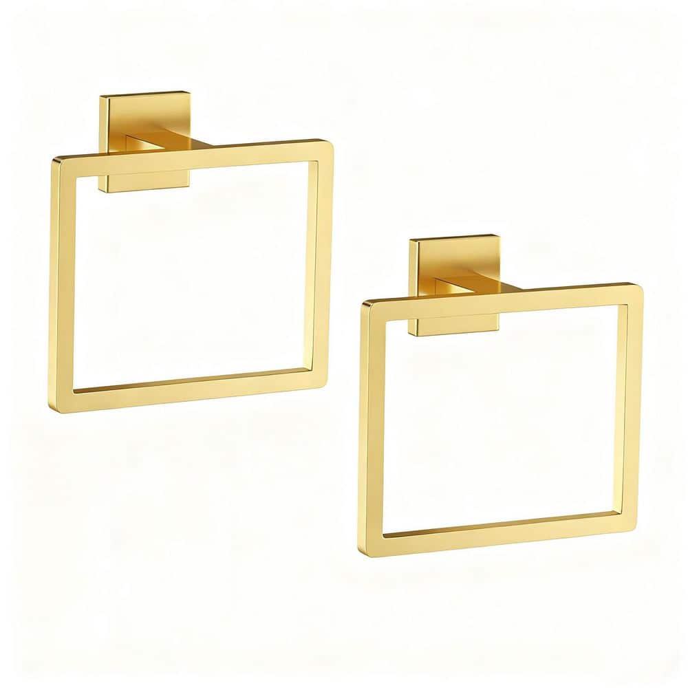 Wudkey 2 Pack Stainless Steel Wall Mounted Square Towel Ring for Bathroom in Brushed Gold (1)