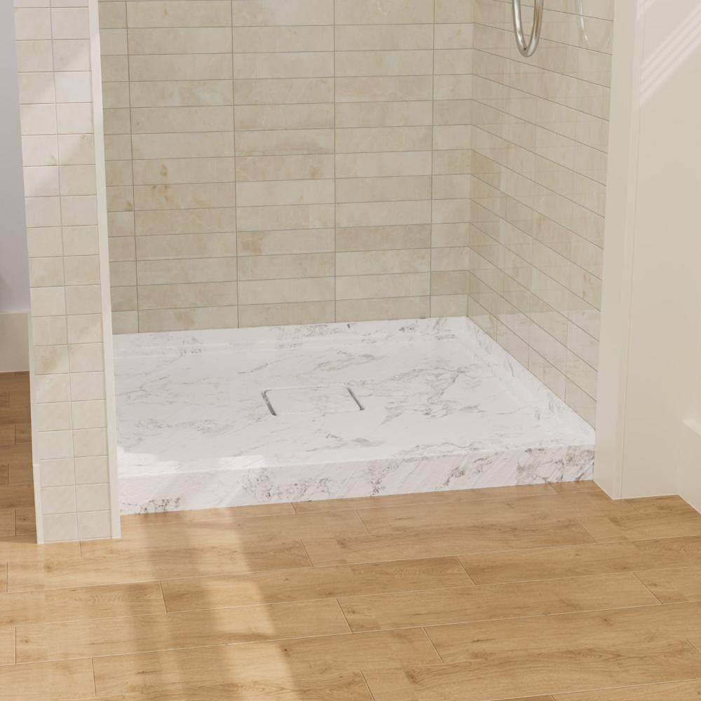 GIVING TREE 36 in. L x 36 in. W Single Threshold Square Alcove Shower Pan Base in Carrara Marble Look with Center Drain (2)