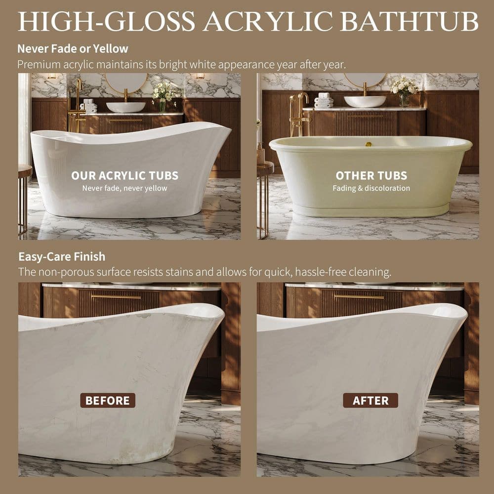 ANGELES HOME 69 in. x 34 in. Acrylic Flatbottom Freestanding Soaking Bathtub with Drain and Overflow in White (3)