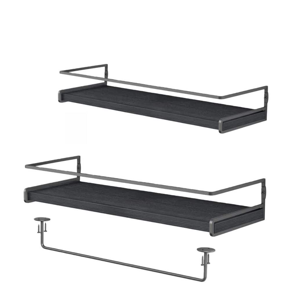 Wudkey 2-Pack Wall Mounted Bathroom Shelves Towel Bar for Bathroom Organizer, Bedroom Kitchen Storage Black-Grey