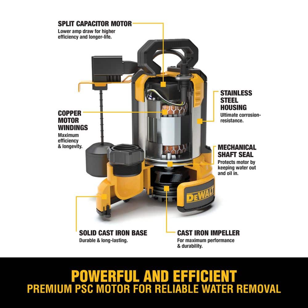 DEWALT hp. Stainless Steel/Cast Iron Submersible Sump Pump (4)