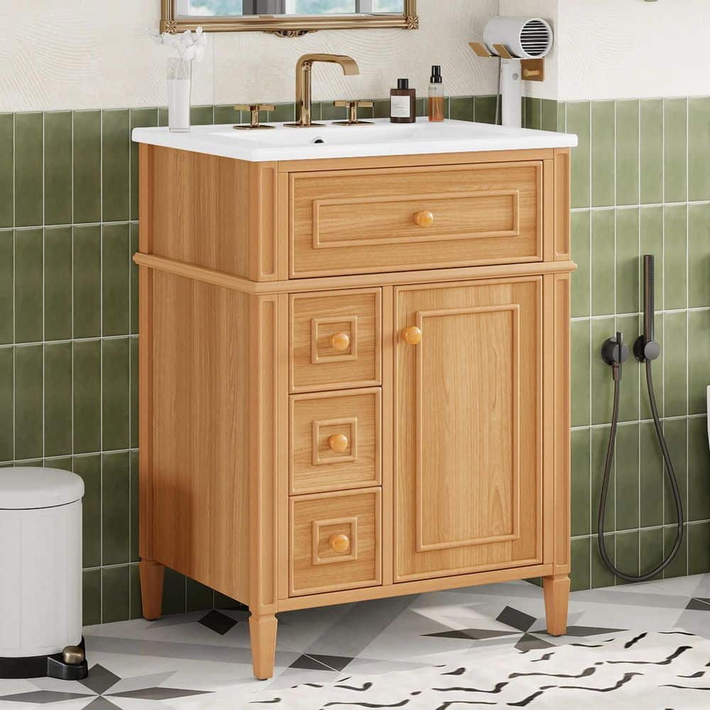 Unbranded New White 24 in. Ceramic+Wood Bathroom Sink with Vanity Cabinet, Flip-Out Drawer and 1-Doors, Bathroom Vanity (3)