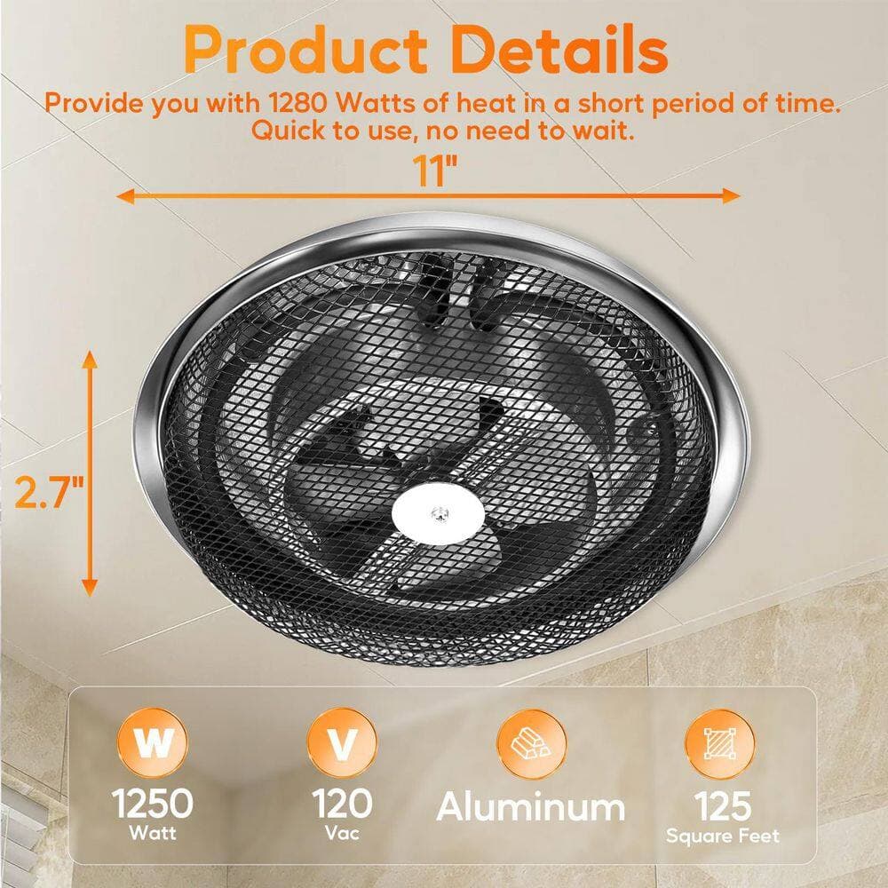 Wudkey 1-Piece Silver Bathroom Ceiling Heater, 1250W Rapid Heating, with Overheat Protection, for Bathroom, Kitchen and Bedroom (2)