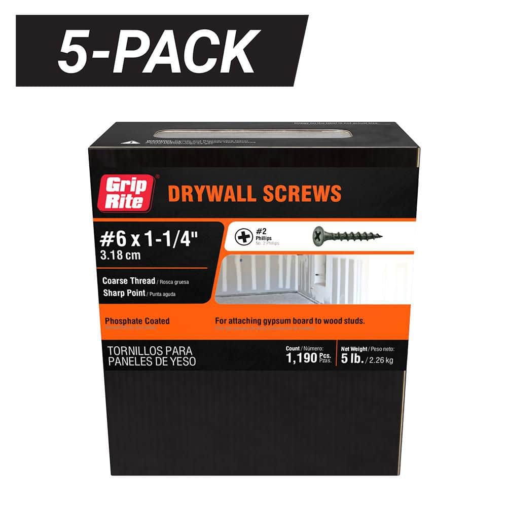 Grip-Rite 5-Pack 6 x 1-1/4 in. 2 Phillips Bugle Head Coarse Thread Sharp Point Drywall Screws (25 lbs./5,950-Piece)