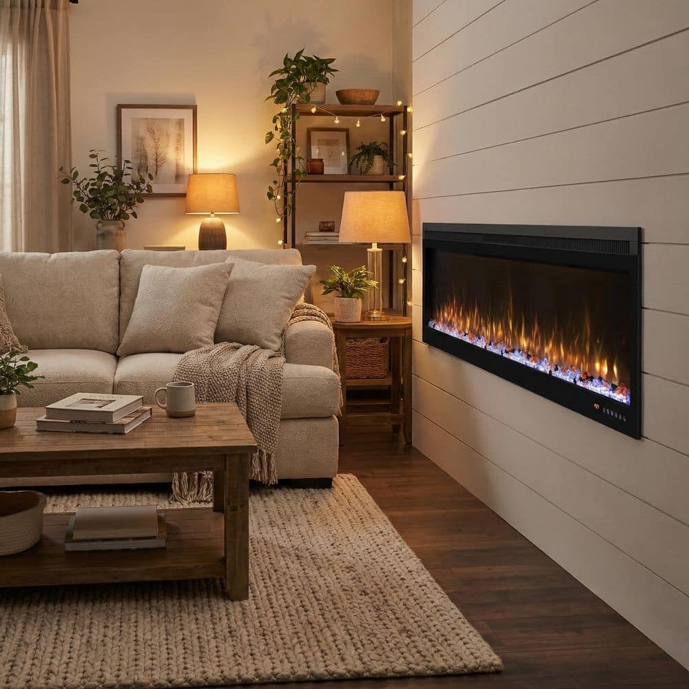Clihome Modern Minimalist 72 in. Electric Fireplace Insert with 13-Flame Colors, Crystal and Log Set, Remote and Thermostat (1)