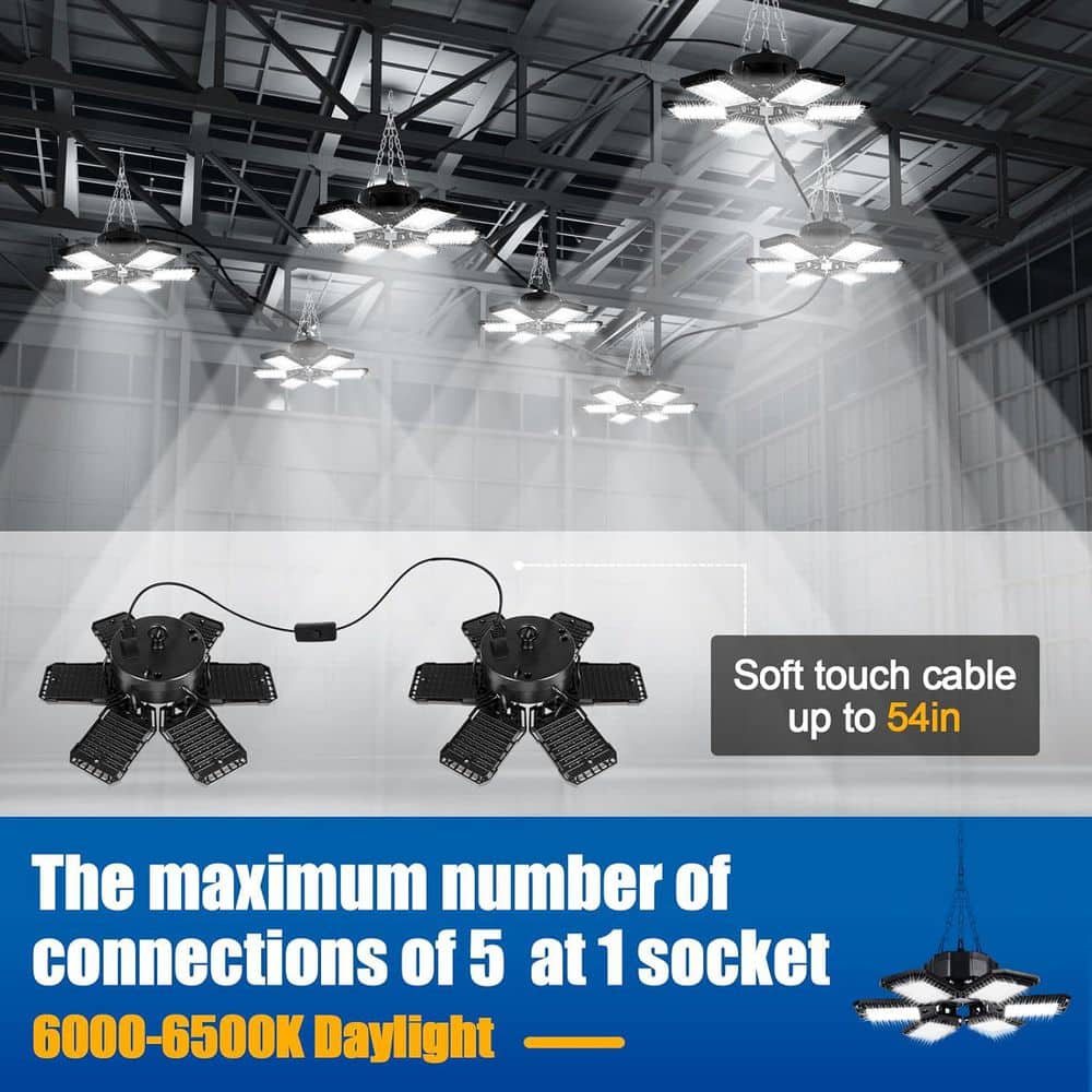 Lukyamzn 18000Lumen LED Garage Shop Light 180-Watt 4-Pack 6 Plus 1 Deformable Panel 6500K E26/E27 Basement Barn Warehouse Ceiling (3)