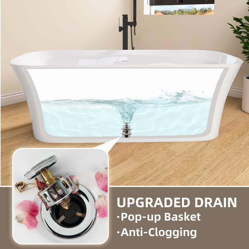 NTQ 67 in. x 30.7 in. Acrylic Soaking Bathtub Free Standing Tub with Overflow and Chrome Drain Freestanding Bathtub in White (2)