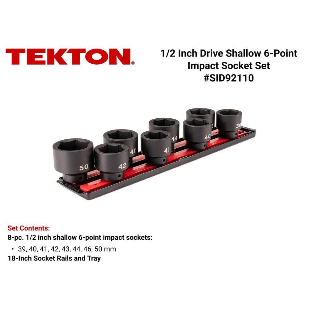 TEKTON 1/2 Inch Drive Shallow 6-Point Impact Socket Set with Rails and Tray, 8-Piece (39-50) (2)