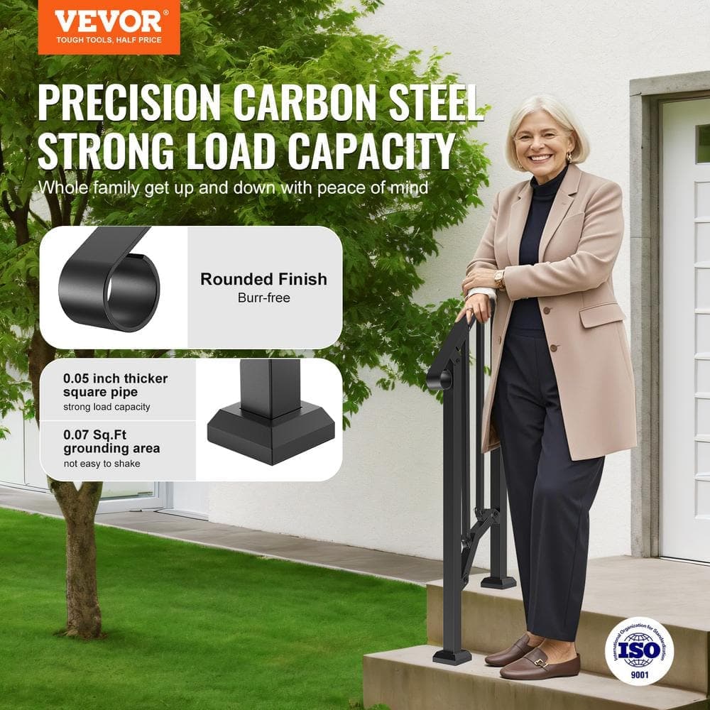 VEVOR Handrails for Outdoor Steps 1-2 Step Stair Hand Rail Kit Transitional Carbon Steel Railings 37.99 in. H x 3.31 in. W (2)