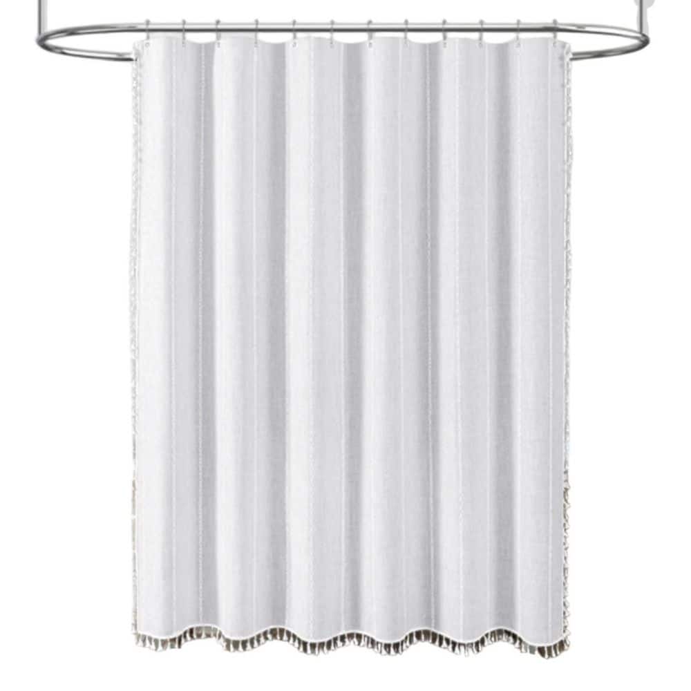 Wudkey 72 in. W x 72 in. L Boho Linen Striped Heavy Duty Fabric Farmhouse Shower Curtain in White with Tassel for Bathroom (1)
