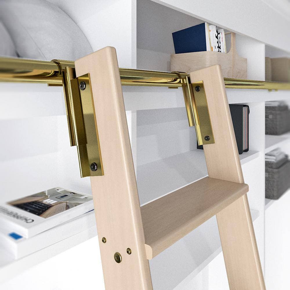 MEADOW LANE 92 in. Clear Pre-Finished Red Oak Library Ladder (104 in. Reach) Polished Brass Top Hook Ladder Kit with 12 ft. Rail (3)