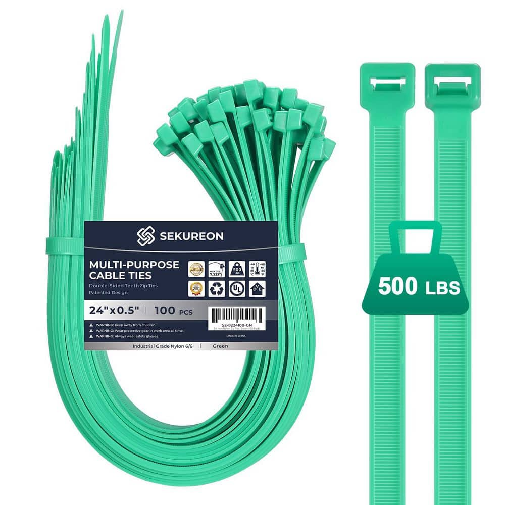 SEKUREON 24 in. Zip Ties Double Sided Toothed 500 lbs. Tensile Strength Heavy Duty Cable Wire Ties Nylon Tie Wraps Green 100 Pack (1)