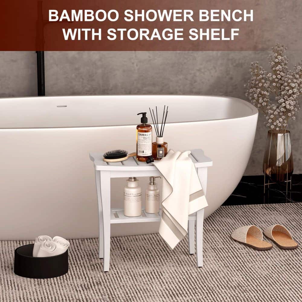 Wudkey Bamboo Shower Bench Stool with Storage Shelf, Waterproof Shower Chair Spa Bath Seat in White (2)