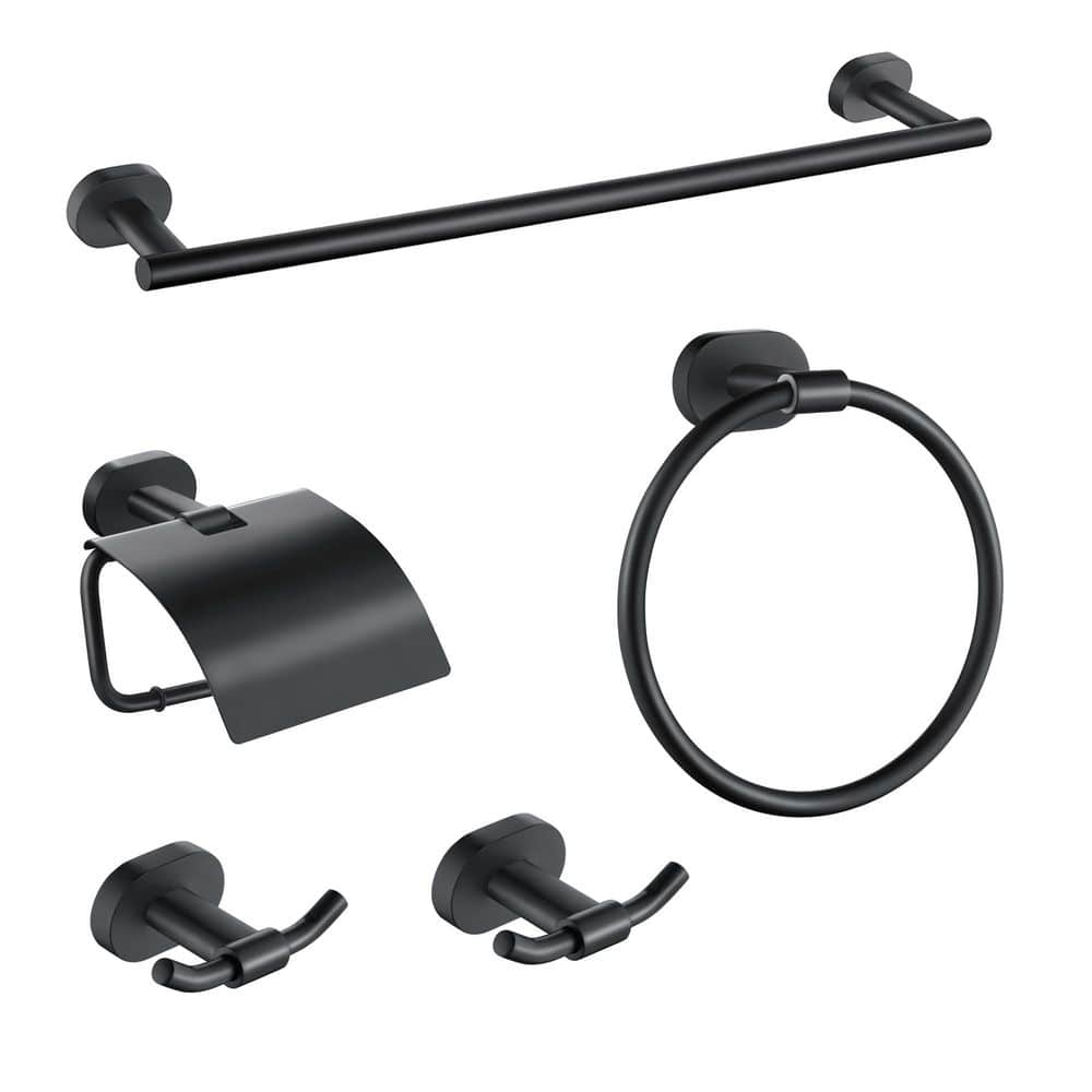 ruiling Wall Mounted 5-Piece Bath Hardware Set with 24 in. Towel Bar Towel Ring Toilet Paper Holder 2 Towel Hooks in Matte Black