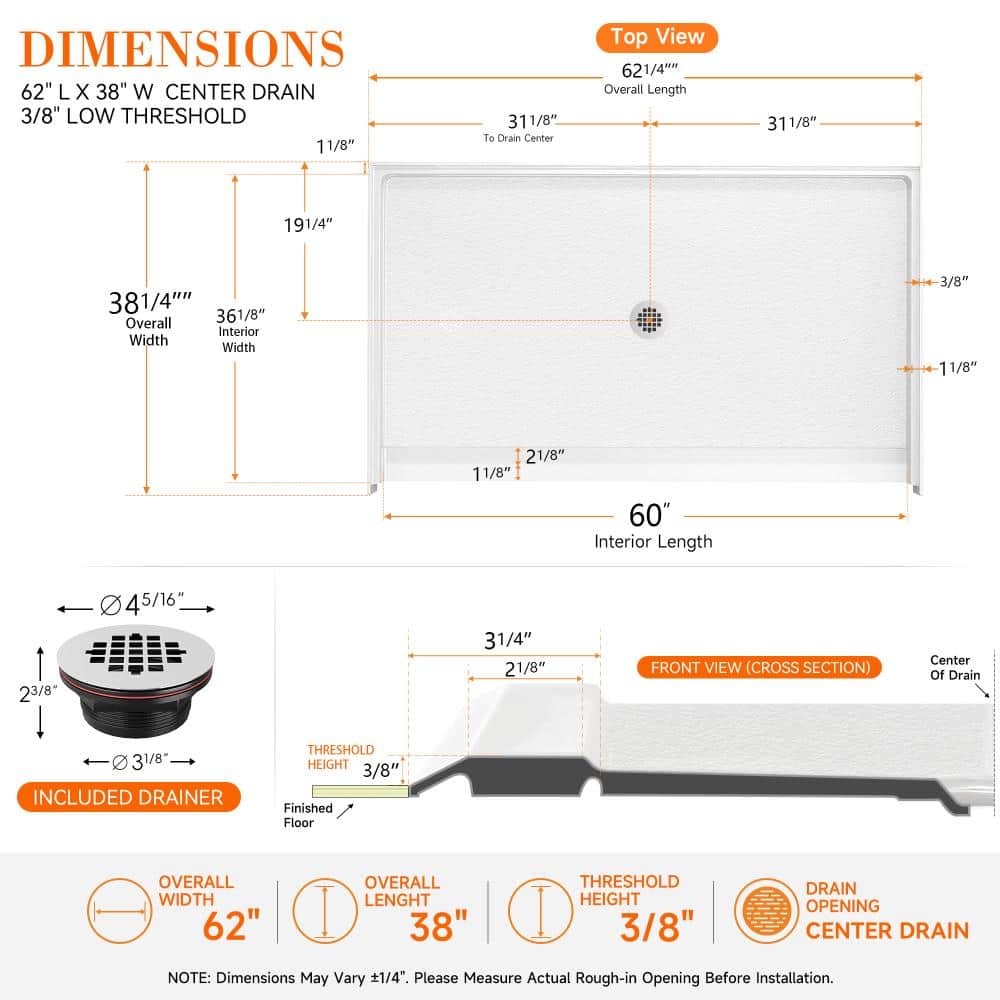 CRENRIDGE AVORA 72 in. L x 36 in. W Accessible Shower Pan Base with Center Drain Barrier Free Low Threshold  in White (2)